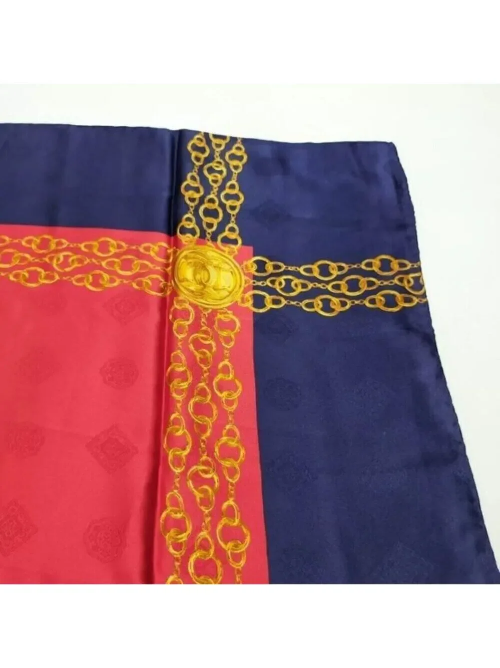 Chanel Vintage Silk Scarf Navy Red Gold Chain Medallion Square Designer Wrap